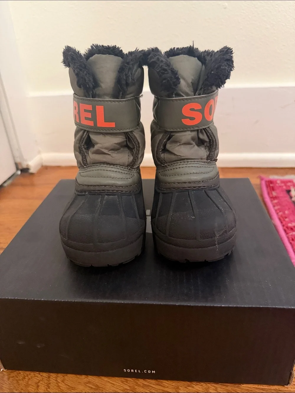 Sorel Kids Olive Green and Black Winter Boots with Orange Logo